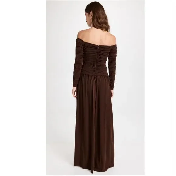Tanya Taylor Marla Off-the-Shoulder Dress, Mocha Brown, NWT, Size 6 - Picture 4 of 11